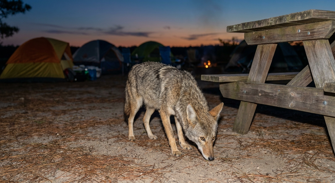 A coyote standing several yards from a campground picnic table at dusk, sniffing the ground, with tents blurred in the background, real wildlife photo