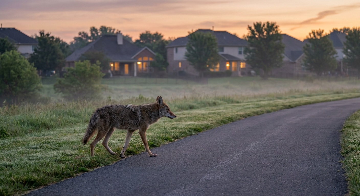 A coyote walking along the edge of a paved greenbelt path near suburban houses in the background, early morning, real wildlife photograph