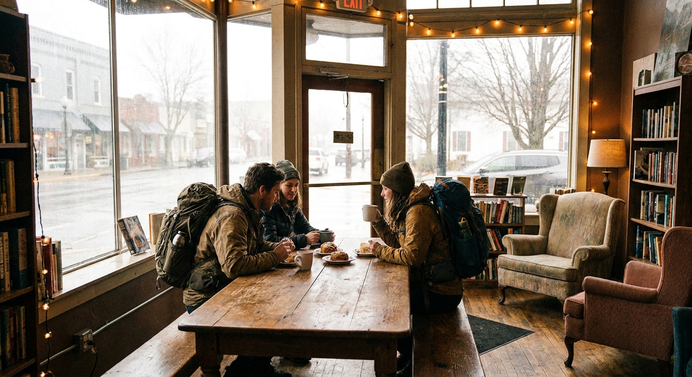 A cozy small-town coffee shop interior with travelers sitting at a wooden table by a window while hazy daylight shows outside, realistic lifestyle photo