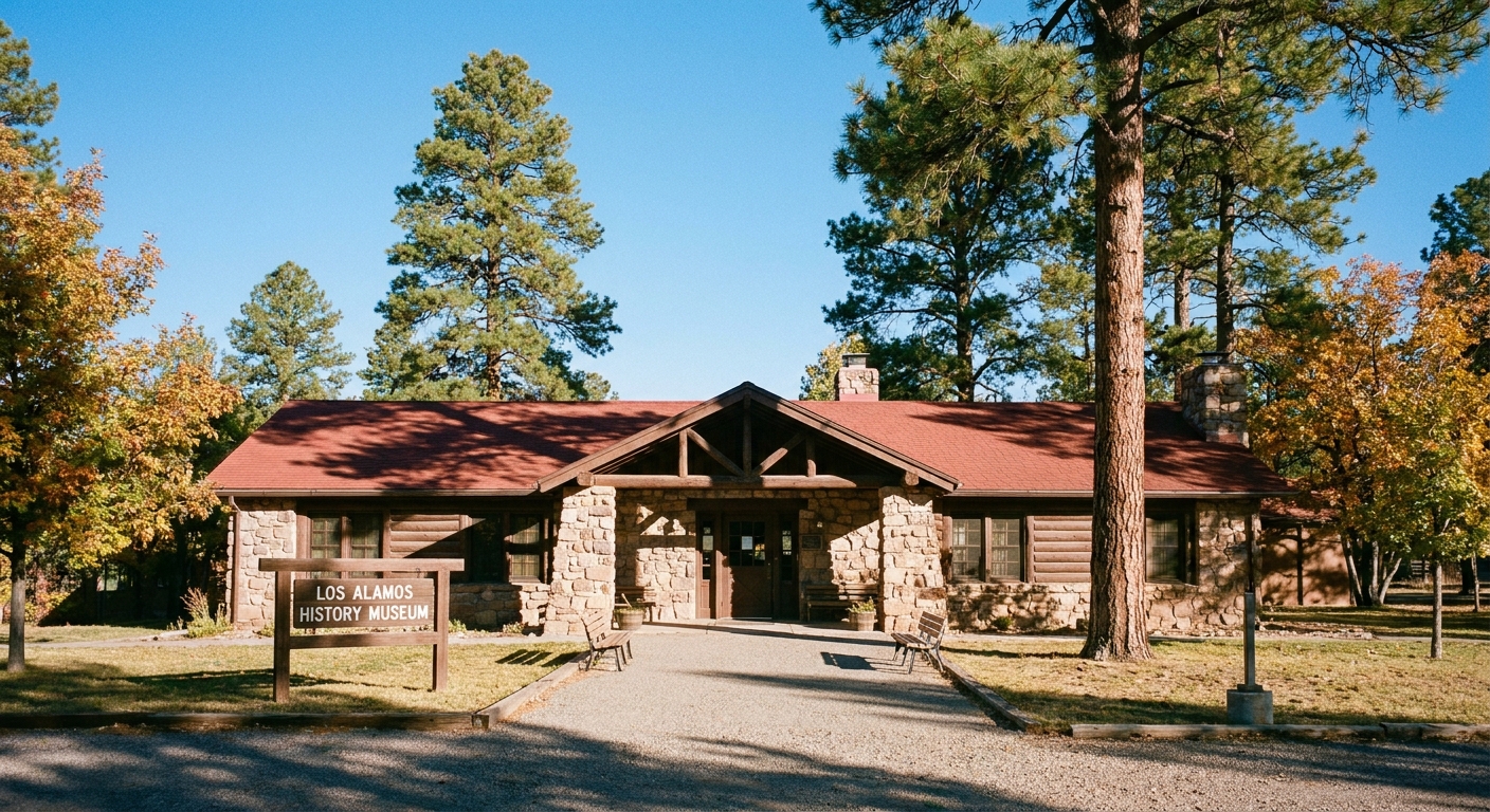 A crisp daytime photo of the Los Alamos History Museum building with blue sky, trees, and a quiet walkway leading to the entrance