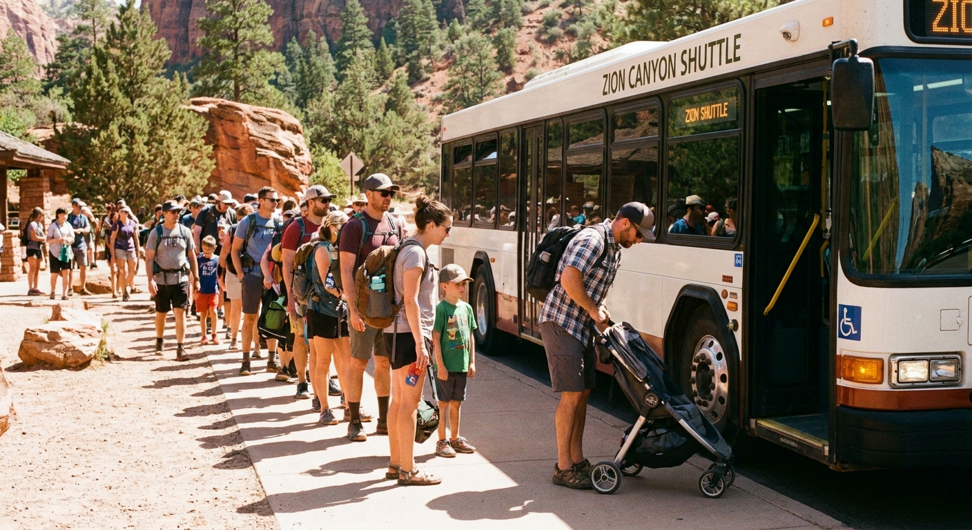 A crowded national park shuttle stop with families waiting in line, one parent folding a stroller beside a shuttle bus, sunny afternoon travel photo