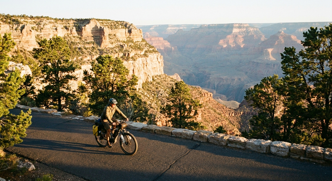 A cyclist on an e-bike riding along a scenic paved road with canyon views at Grand Canyon South Rim, early morning light