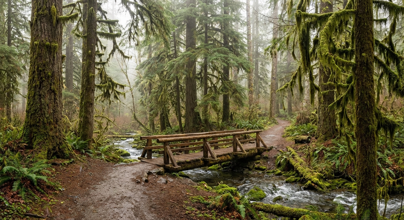 A damp rainforest trail in Olympic National Park with towering spruce trees, hanging moss, and a wooden footbridge over a small stream, soft overcast light, photorealistic