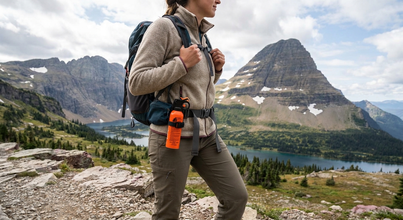 A day hiker wearing a backpack with a canister of bear spray clipped to the hip belt on a mountain trail in Glacier National Park, realistic outdoor photography