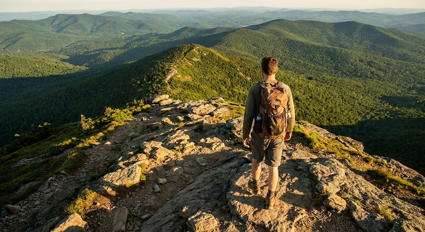 A day hiker with a small backpack walking along a rocky Appalachian Trail ridgeline with green forest stretching into the distance, late afternoon natural light