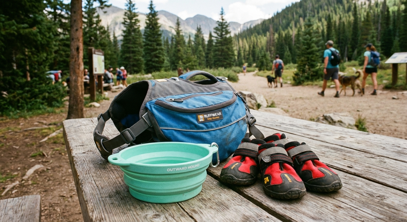 A dog hiking harness, collapsible water bowl, and dog booties laid out on a wooden picnic table at a trailhead, realistic photo