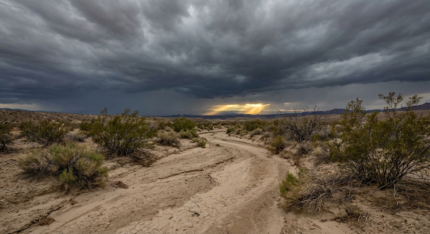 A dry desert wash with dark storm clouds building in the distance, sparse shrubs along the sandy channel and a bright gap of sunlight on the horizon