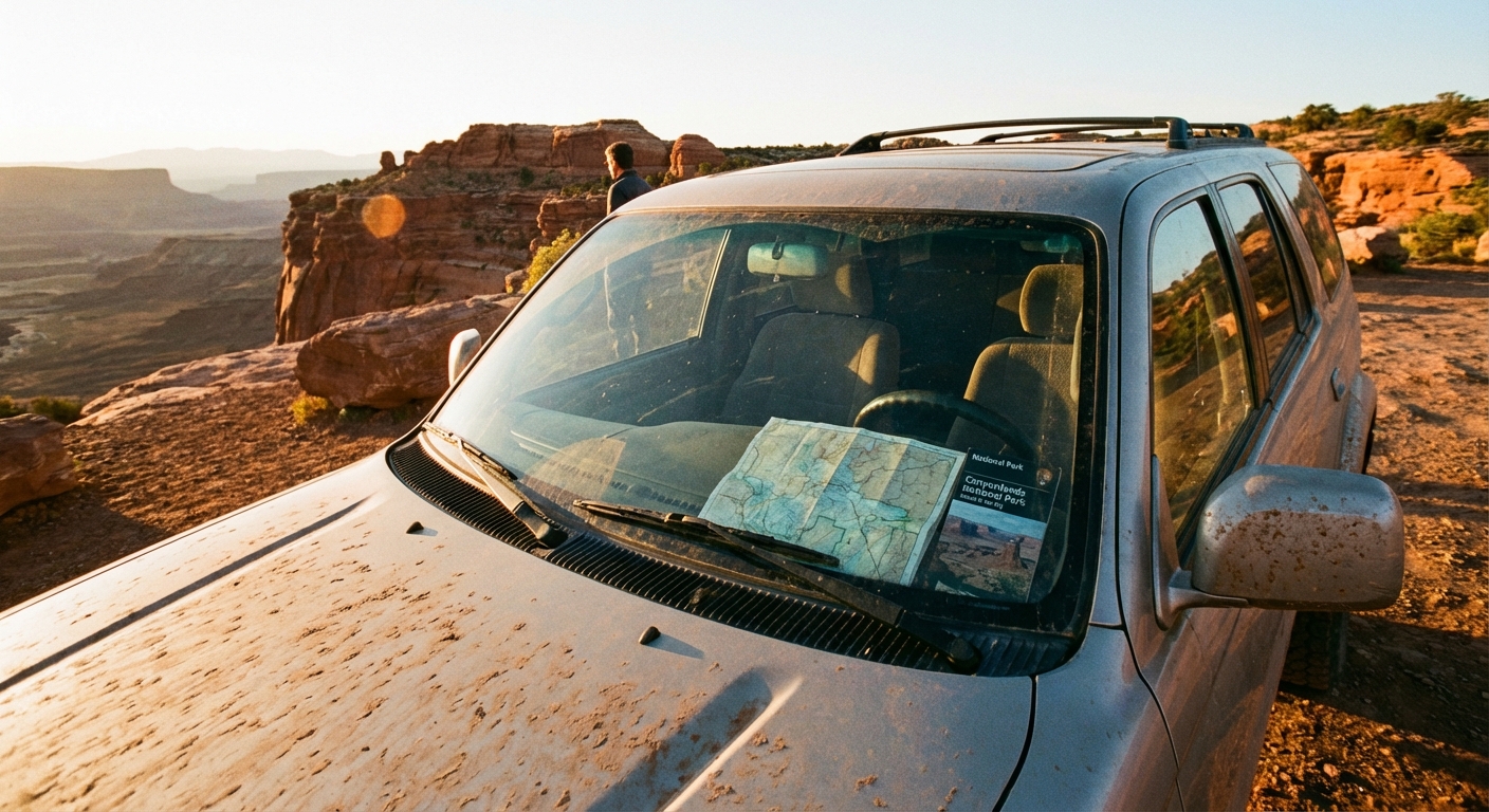 A dusty SUV parked at a scenic desert overlook with a paper map and a National Park Service brochure on the dashboard, golden hour light, photorealistic travel photography