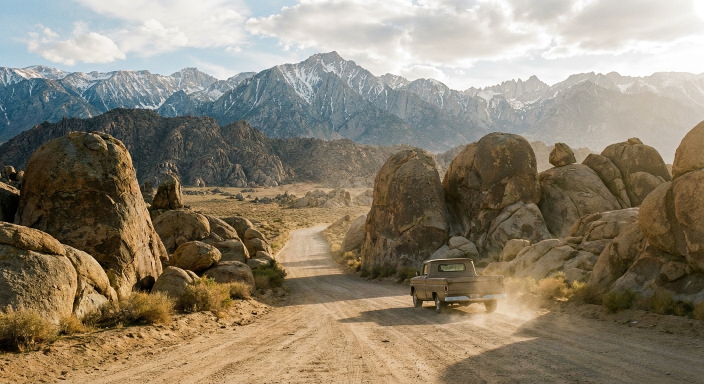 A dusty dirt road in Alabama Hills with granite boulders on both sides and the Sierra Nevada mountains in the background, real photo