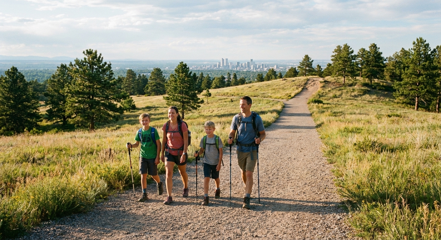 A family hiking uphill on a wide gravel trail in Mount Falcon Park with open meadows, scattered pines, and panoramic views of Denver’s skyline in the distance, photorealistic outdoor photography