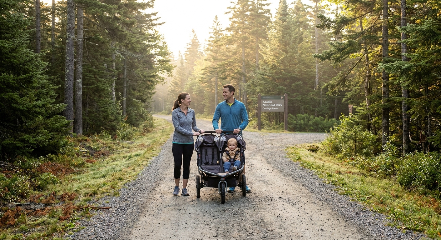 A family pushing a jogging stroller on a wide crushed-gravel carriage road lined with evergreen trees, soft morning light, national park photo