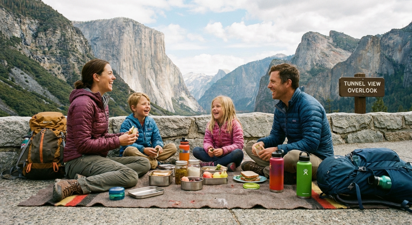 A family sitting on a blanket having a picnic near a scenic overlook in a national park, reusable containers and water bottles visible, mountains in the background, documentary travel photo