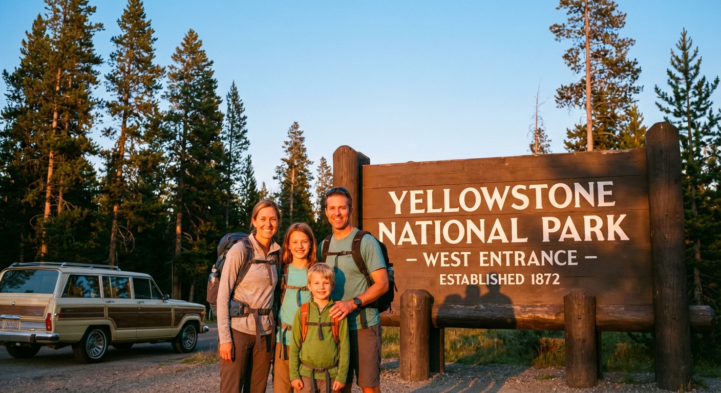 A family standing near the West Yellowstone entrance sign to Yellowstone National Park at golden hour, with pine trees and a clear sky, photorealistic travel photography