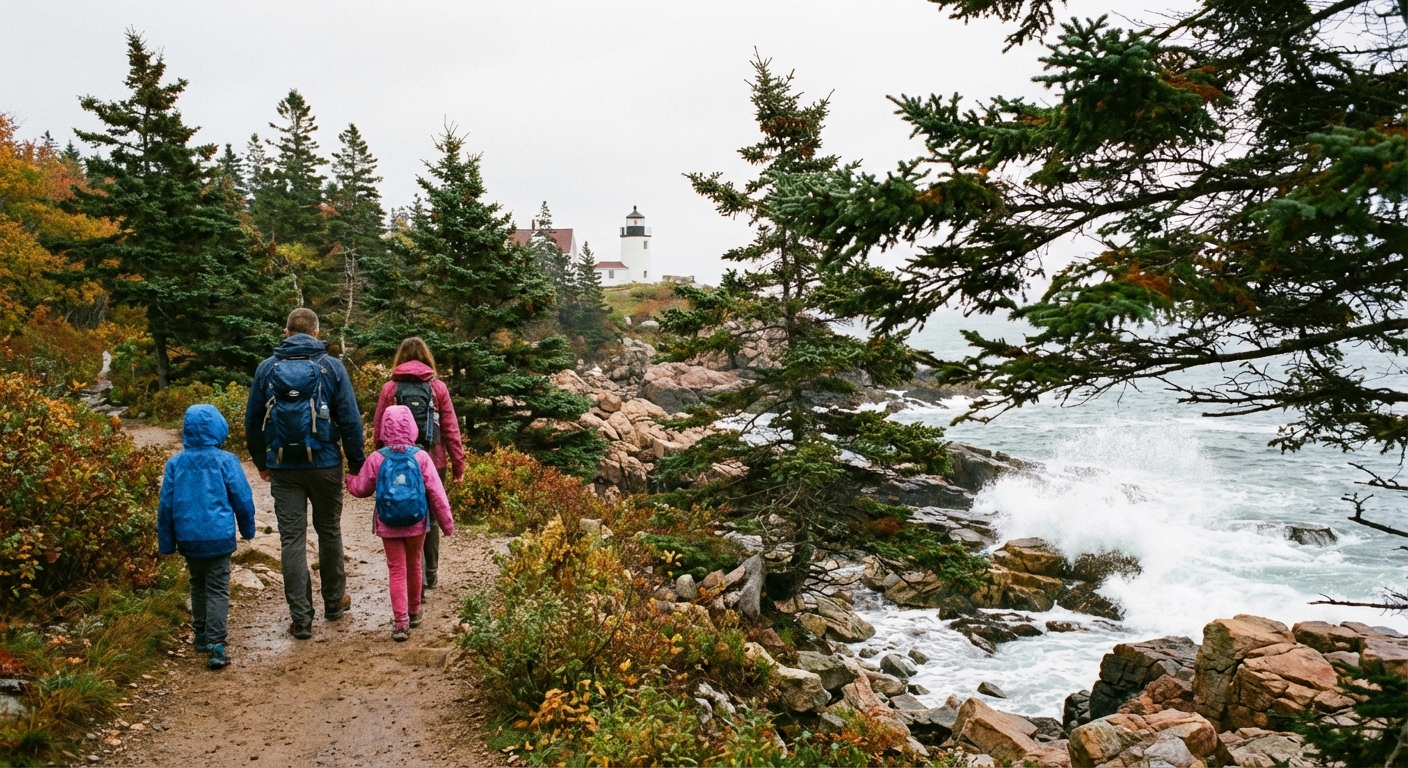 A family walking along a coastal path with rocky shoreline, evergreen trees, and ocean waves breaking in Acadia National Park