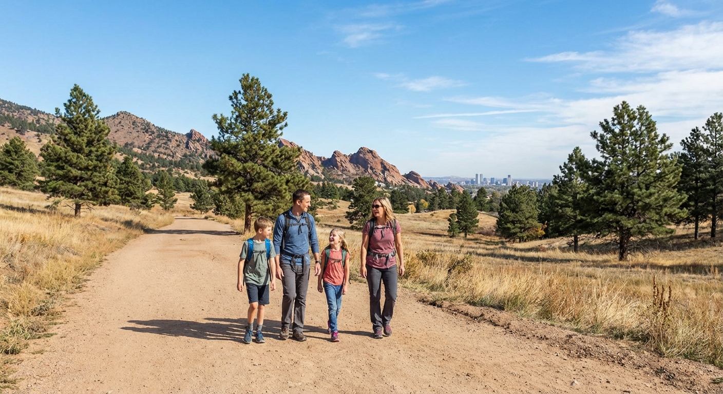 A family walking on a wide dirt trail in the Colorado foothills near Denver with pine trees, golden grass, and distant rocky peaks under a blue sky, candid travel photography