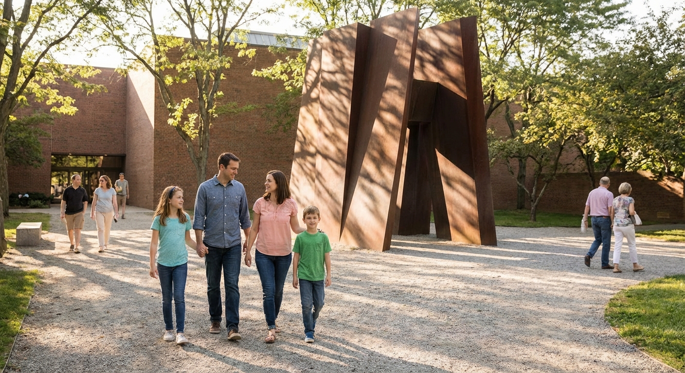 A family walking through an outdoor sculpture garden at a city museum, trees casting shade and a large modern sculpture in the background, relaxed afternoon atmosphere, real travel photography