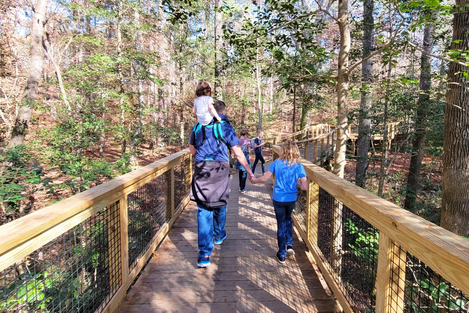 A family with two young kids walking on a shaded wooden boardwalk through lush green floodplain forest at Congaree National Park, candid travel photograph