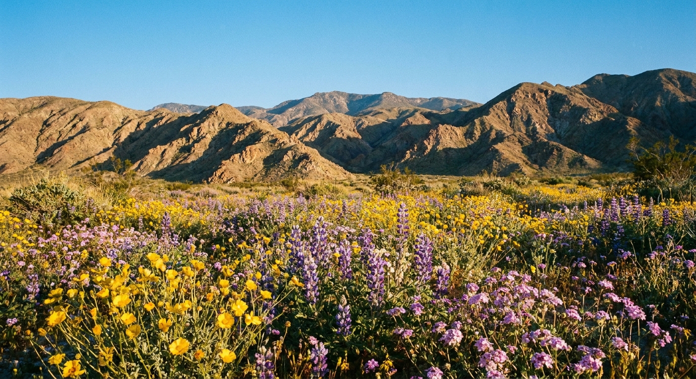 A field of desert wildflowers in Anza-Borrego with colorful blooms in the foreground and desert hills under a clear sky, realistic travel photography