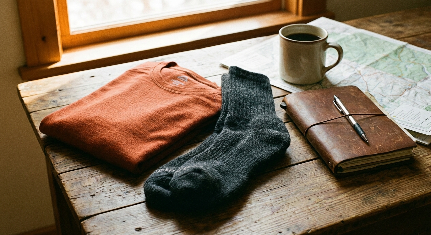 A folded merino wool long-sleeve base layer on a wooden table next to a pair of wool socks and a small travel notebook, warm indoor lighting, lifestyle travel gear photo