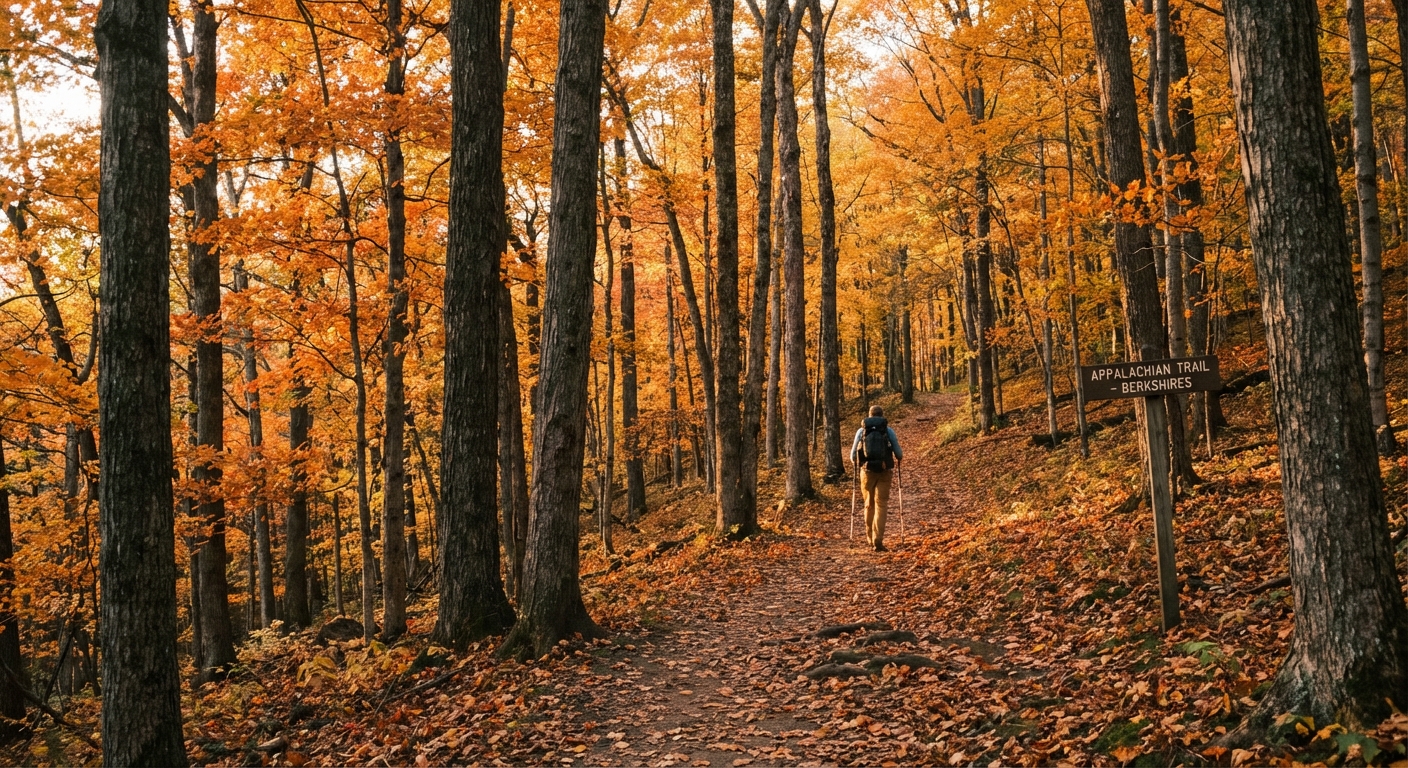 A forest trail in the Berkshires lined with tall maple trees with orange leaves, a hiker walking uphill on a leaf-covered path in soft golden afternoon light, photorealistic