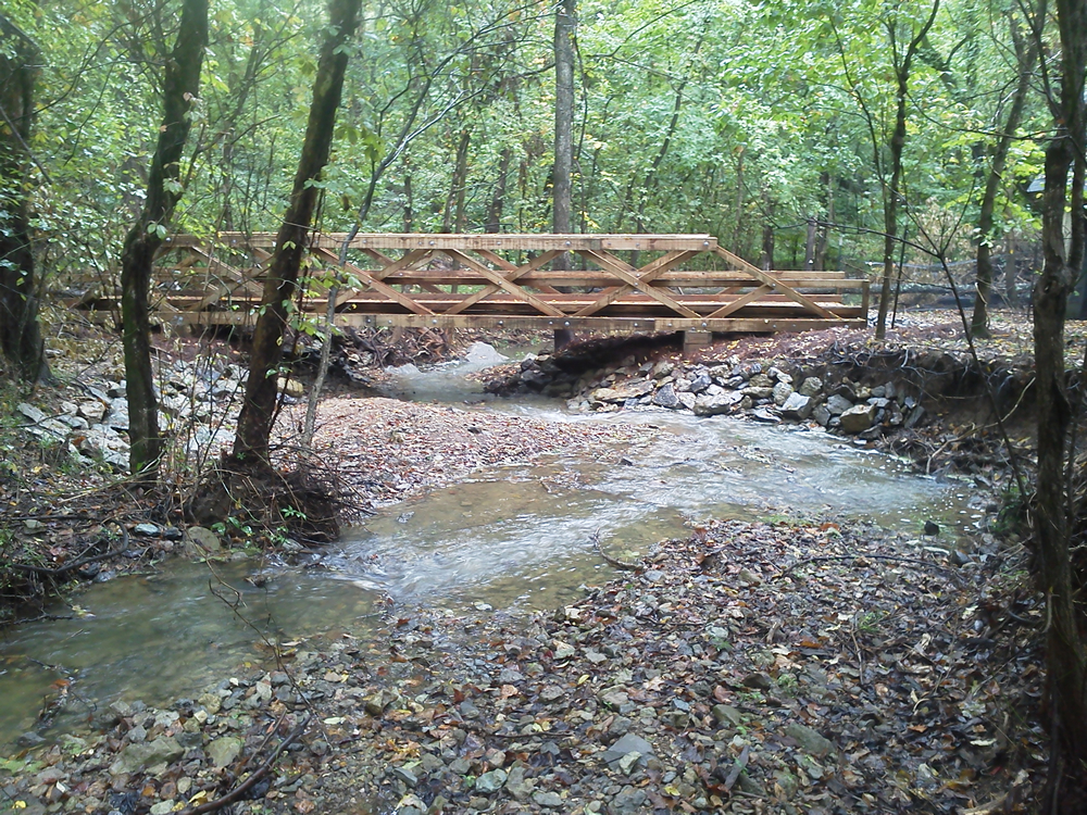 A forested trail beside calm water at Radnor Lake State Park in Nashville with a hiker walking along a gravel path under green trees