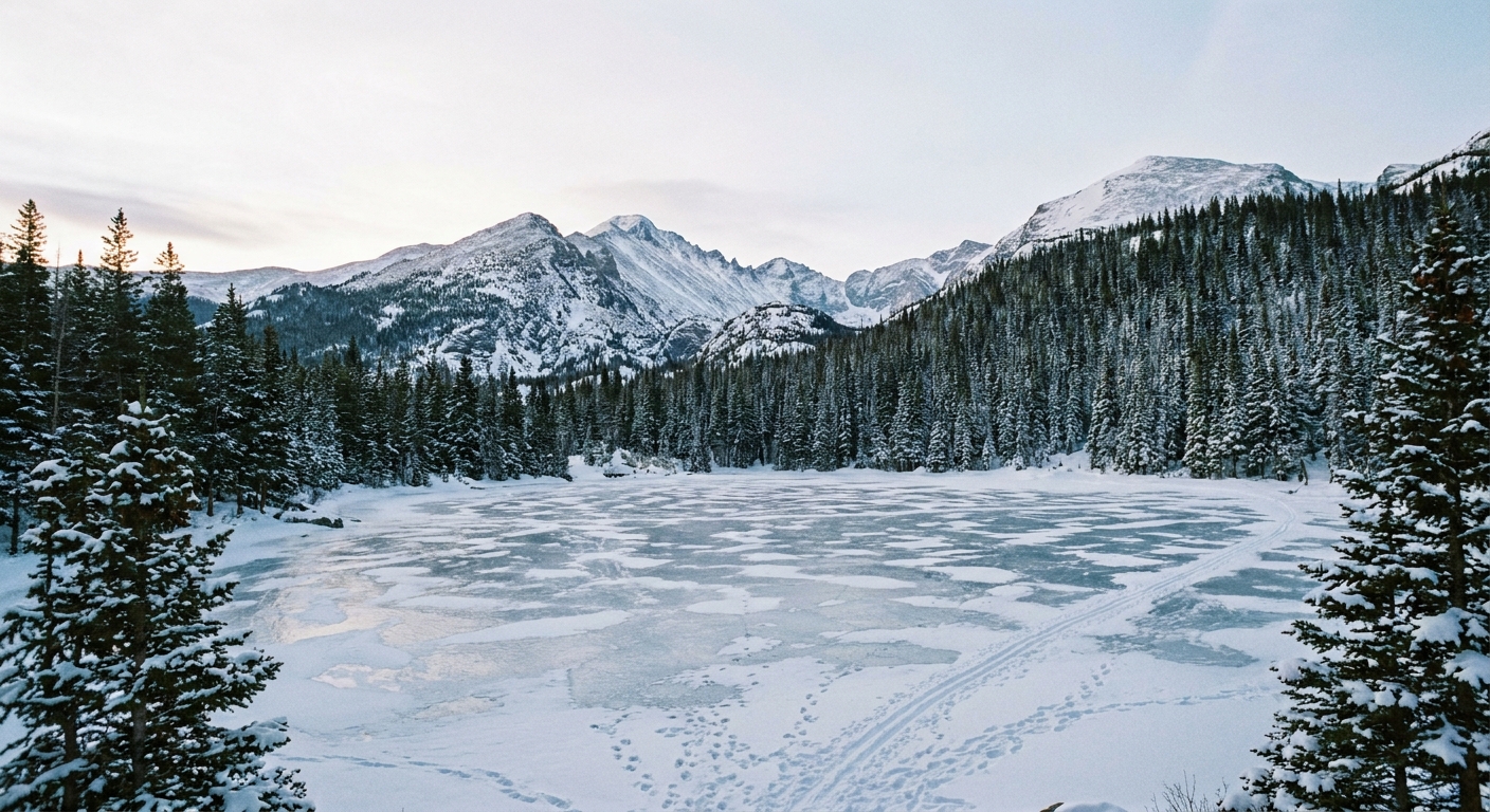 A frozen alpine lake in Rocky Mountain National Park with snowy shoreline pines and peaks in the distance under a pale winter sky