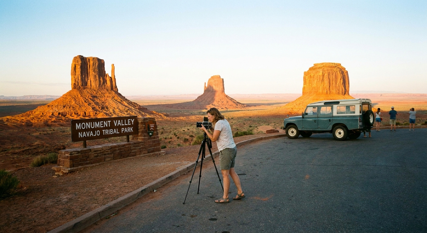 A golden-hour travel photo of a photographer standing at a designated roadside pullout in Monument Valley, aiming a camera toward sunlit red buttes