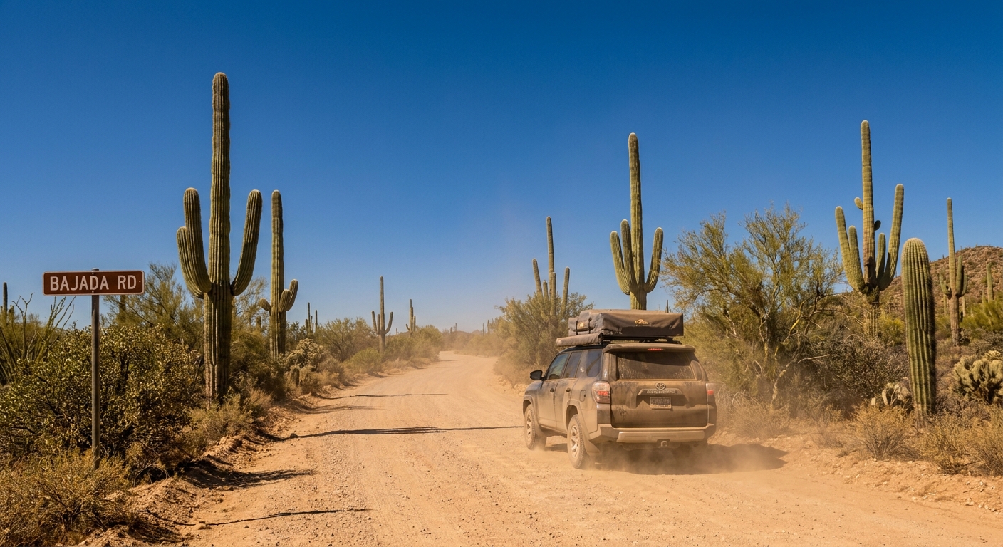 A graded dirt road on Bajada Road in Saguaro National Park West with a vehicle driving slowly through light dust, saguaros lining the roadside under a clear blue sky, realistic travel photography