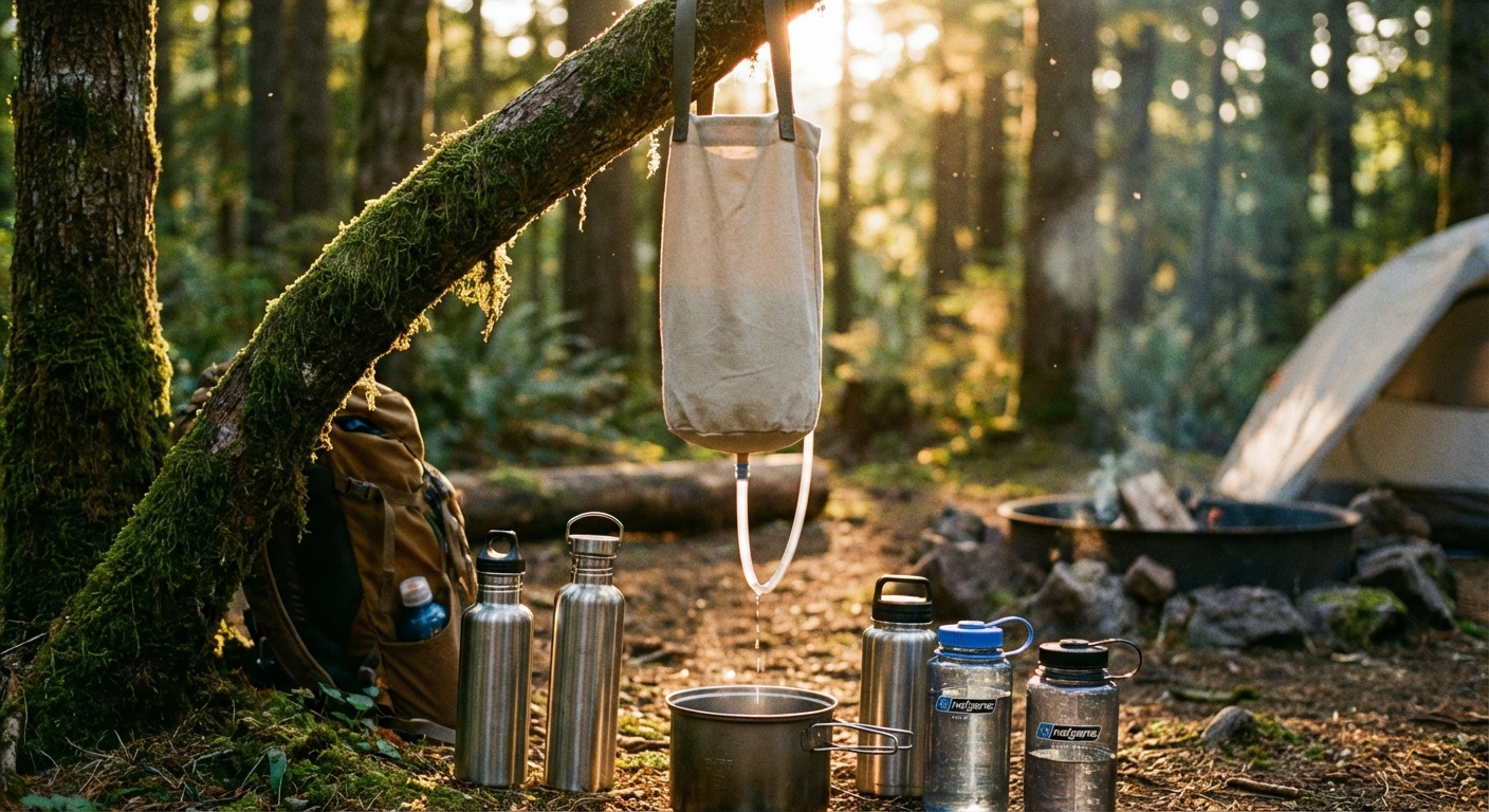 A gravity water filter bag hanging from a tree branch at a forest campsite with a pot and water bottles waiting below, golden hour