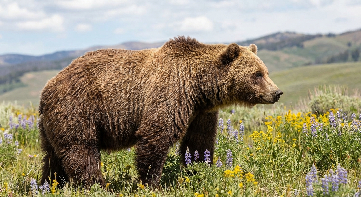 A grizzly bear standing in a meadow in side profile with a visible shoulder hump and a dished face, natural light wildlife photo