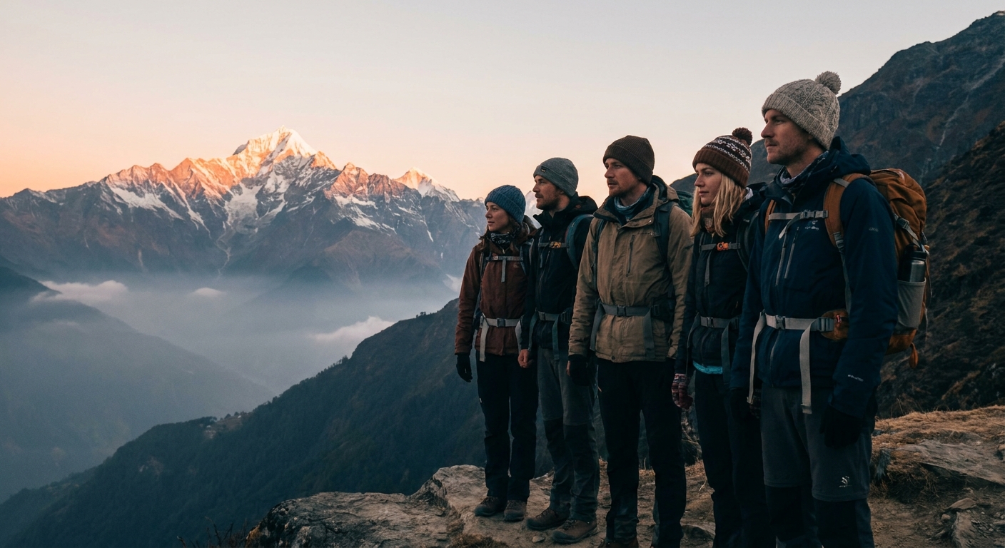 A group of hikers standing quietly on a mountain viewpoint as the first orange alpenglow hits a snow-capped peak in the distance, realistic travel photography