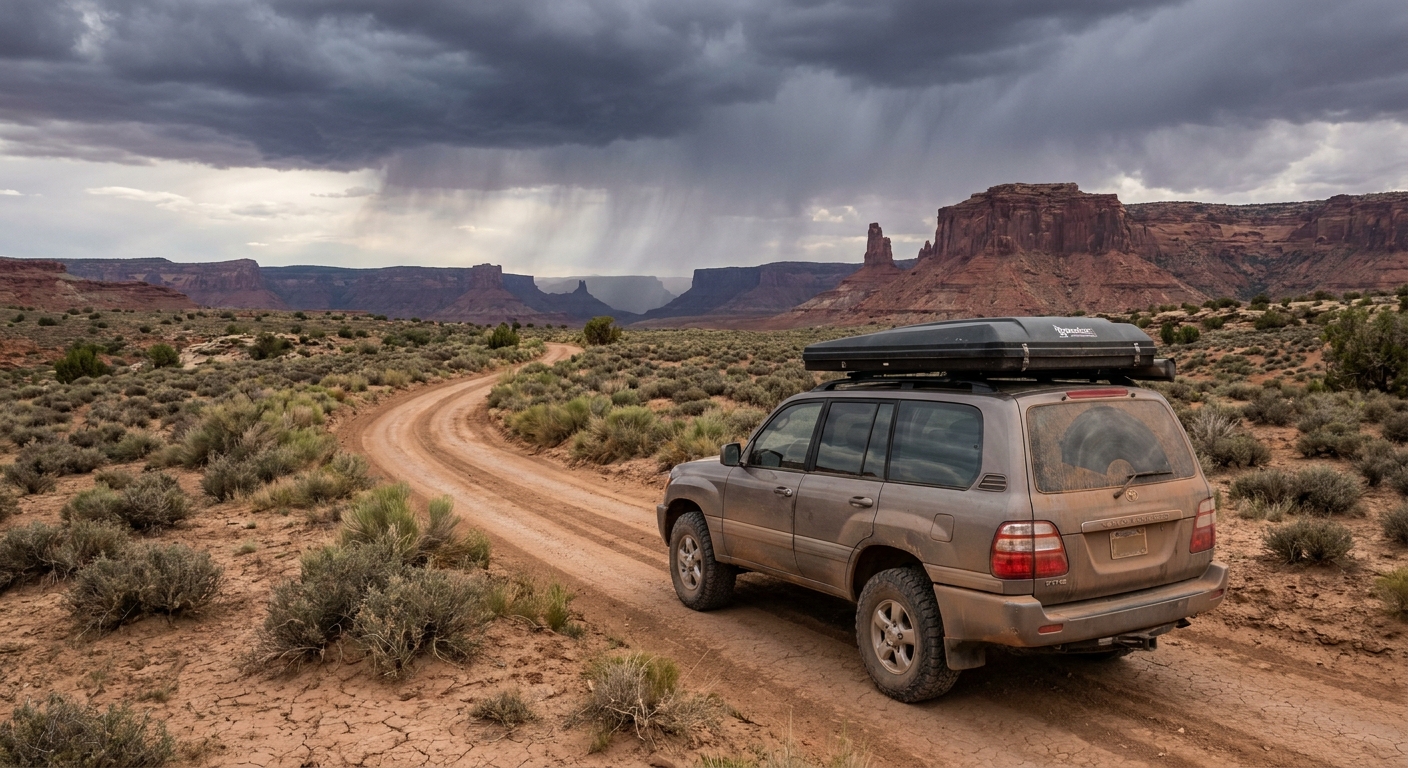A high-clearance vehicle parked on a graded dirt road on Cedar Mesa with dark storm clouds building over red rock mesas in the distance, real travel photograph