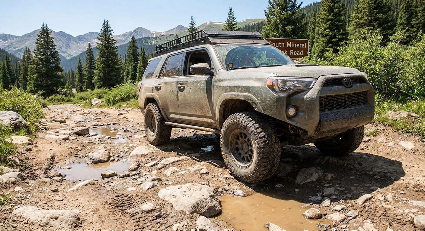 A high-clearance vehicle slowly driving over a rocky, rutted section of South Mineral Creek Road near Silverton, Colorado, with puddles and embedded stones under bright summer daylight