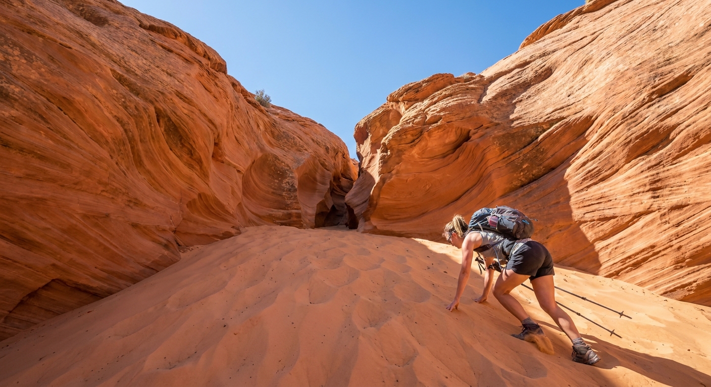 A hiker beginning the sandy scramble into Peekaboo slot canyon near Escalante, Utah, with tall orange sandstone walls and a clear blue sky above