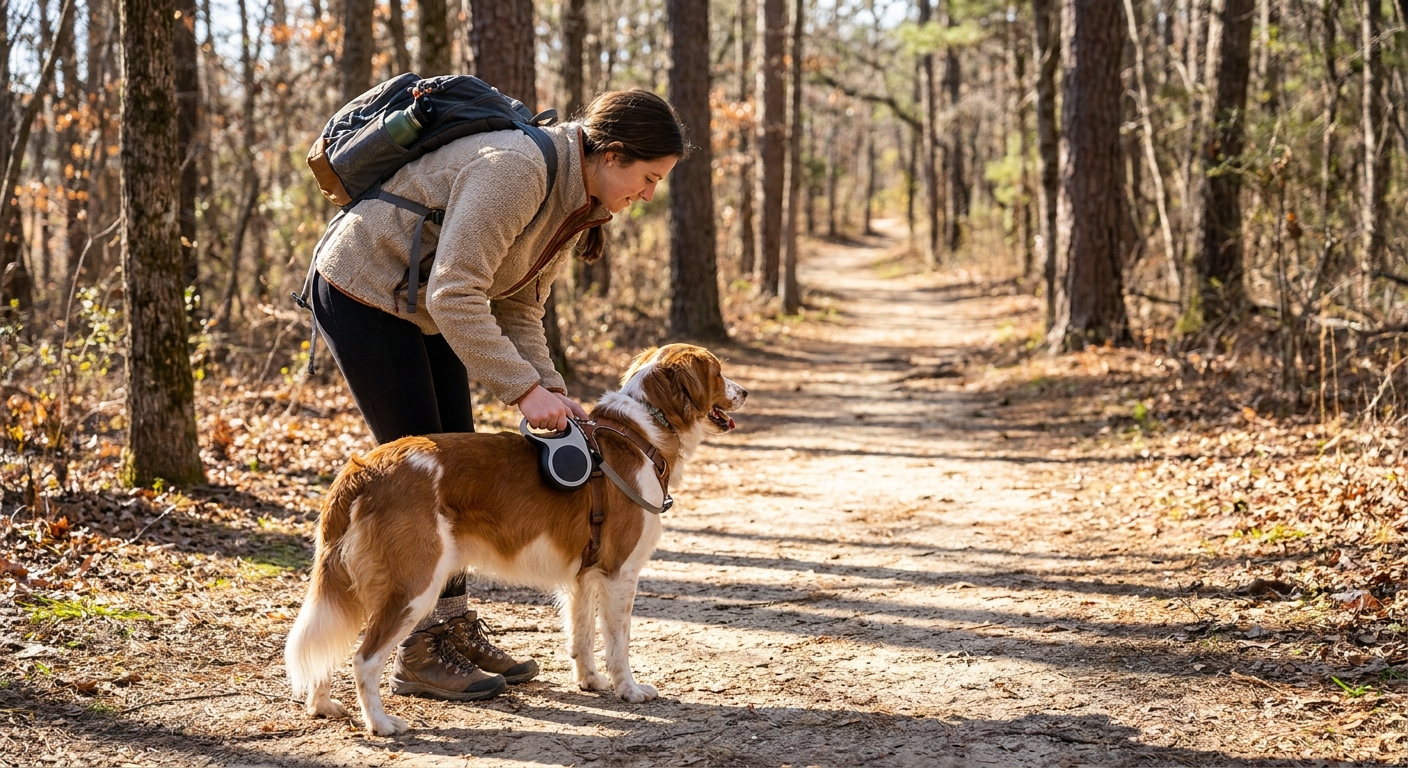 A hiker calmly clipping a leash onto a medium-sized dog on a dirt trail in open woodland, both facing forward, realistic outdoor photo