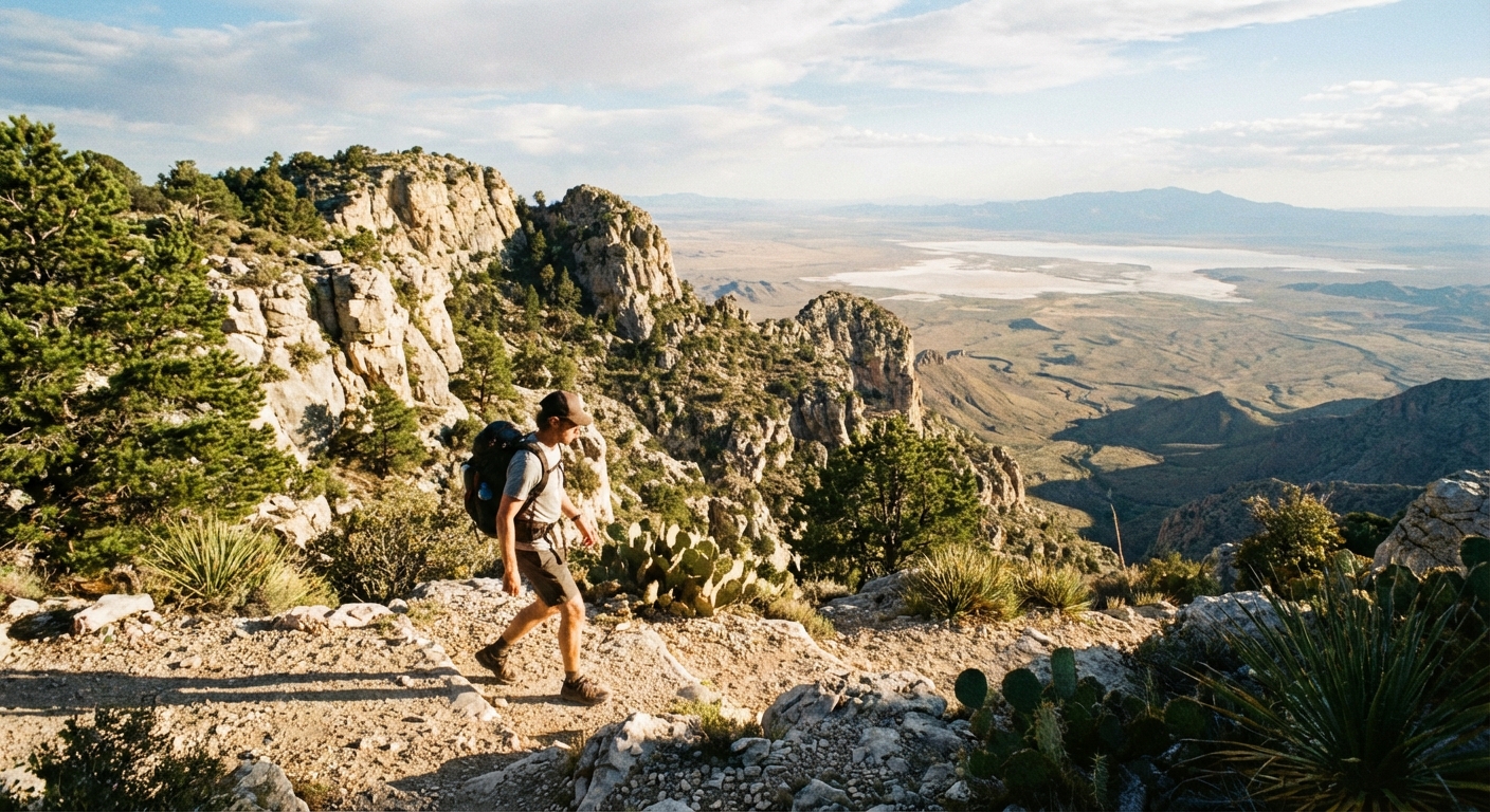 A hiker climbing sunlit switchbacks on the Guadalupe Peak Trail with rugged limestone cliffs and desert basin views in the distance, natural color photography style