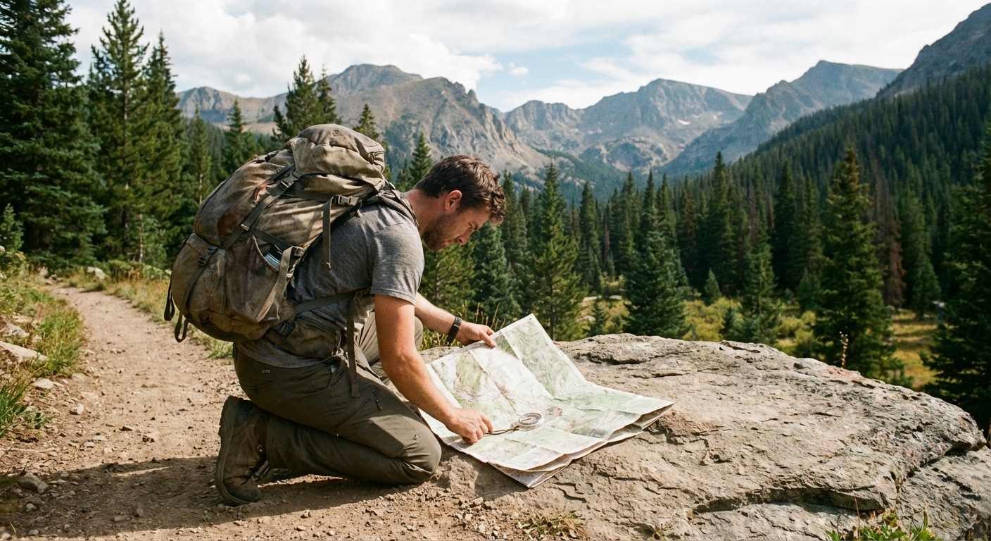 A hiker kneeling beside a trail with a paper topographic map spread on a flat rock and a compass placed on top, pine forest and mountains in the background, realistic photography