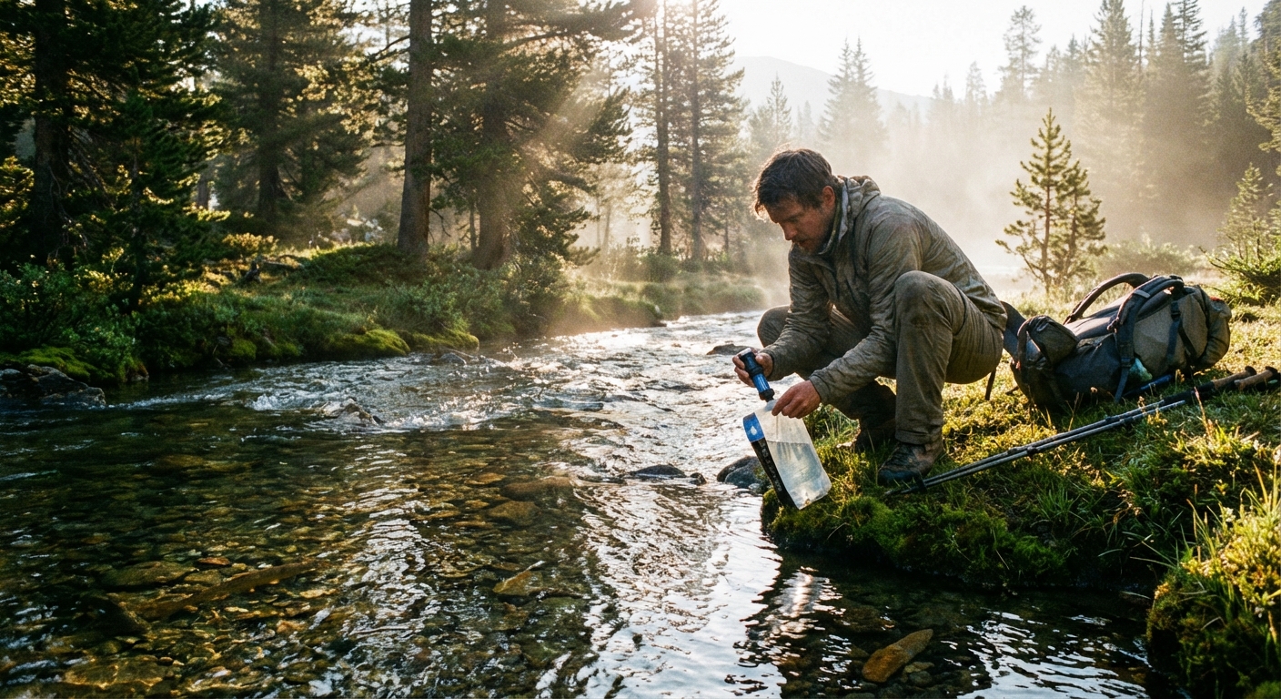 A hiker kneeling by a clear mountain stream filling a soft water pouch and attaching a squeeze filter, early morning light