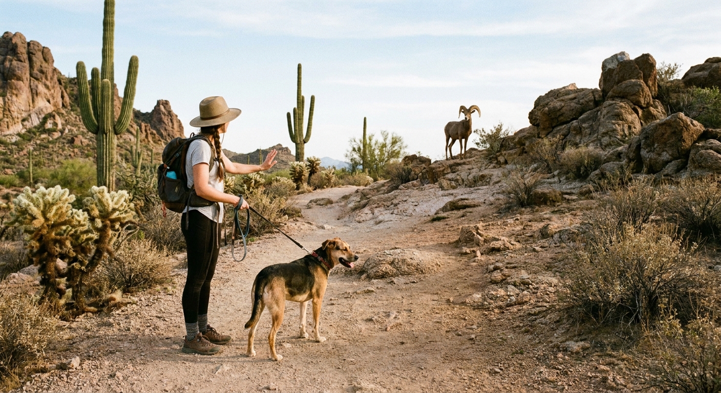 A hiker on a desert trail calmly shortening a dog leash while giving space to wildlife ahead, saguaro and rocky terrain visible, realistic outdoor photography