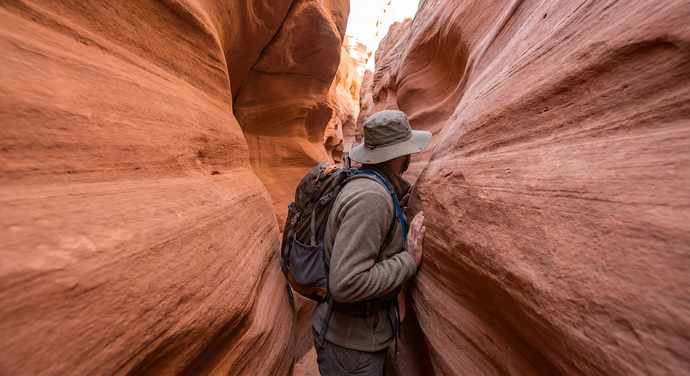 A hiker sideways in a very narrow section of Spooky slot canyon near Escalante, Utah, with smooth curving sandstone walls closing in tightly
