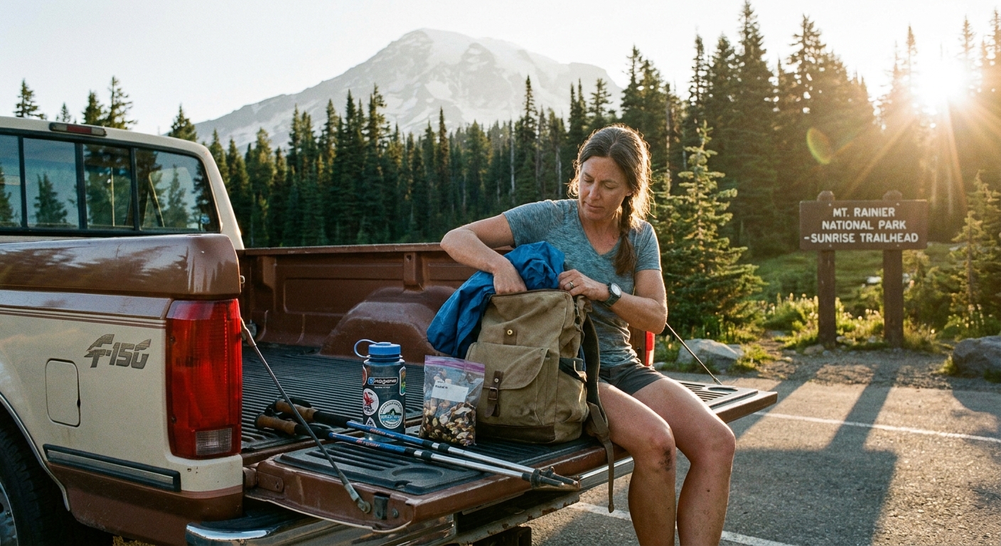 A hiker sitting on a tailgate near a mountain trailhead packing a daypack with a rain jacket, water bottle, snacks, and trekking poles in morning light