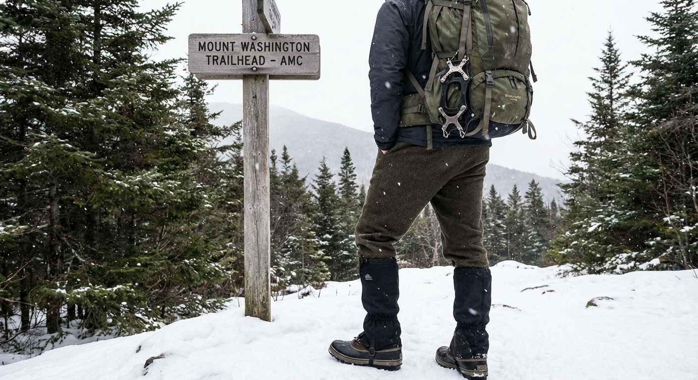 A hiker standing at a snowy trailhead wearing waterproof hiking boots with black gaiters, microspikes clipped to the side of a backpack, documentary outdoor photography