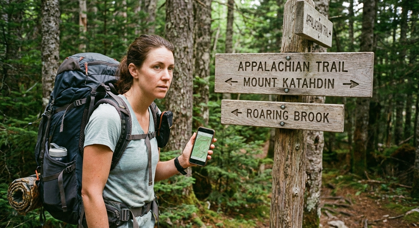A hiker standing beside a trail junction sign in a forest, holding a smartphone with a GPS map open while wearing a backpack, candid outdoor photography