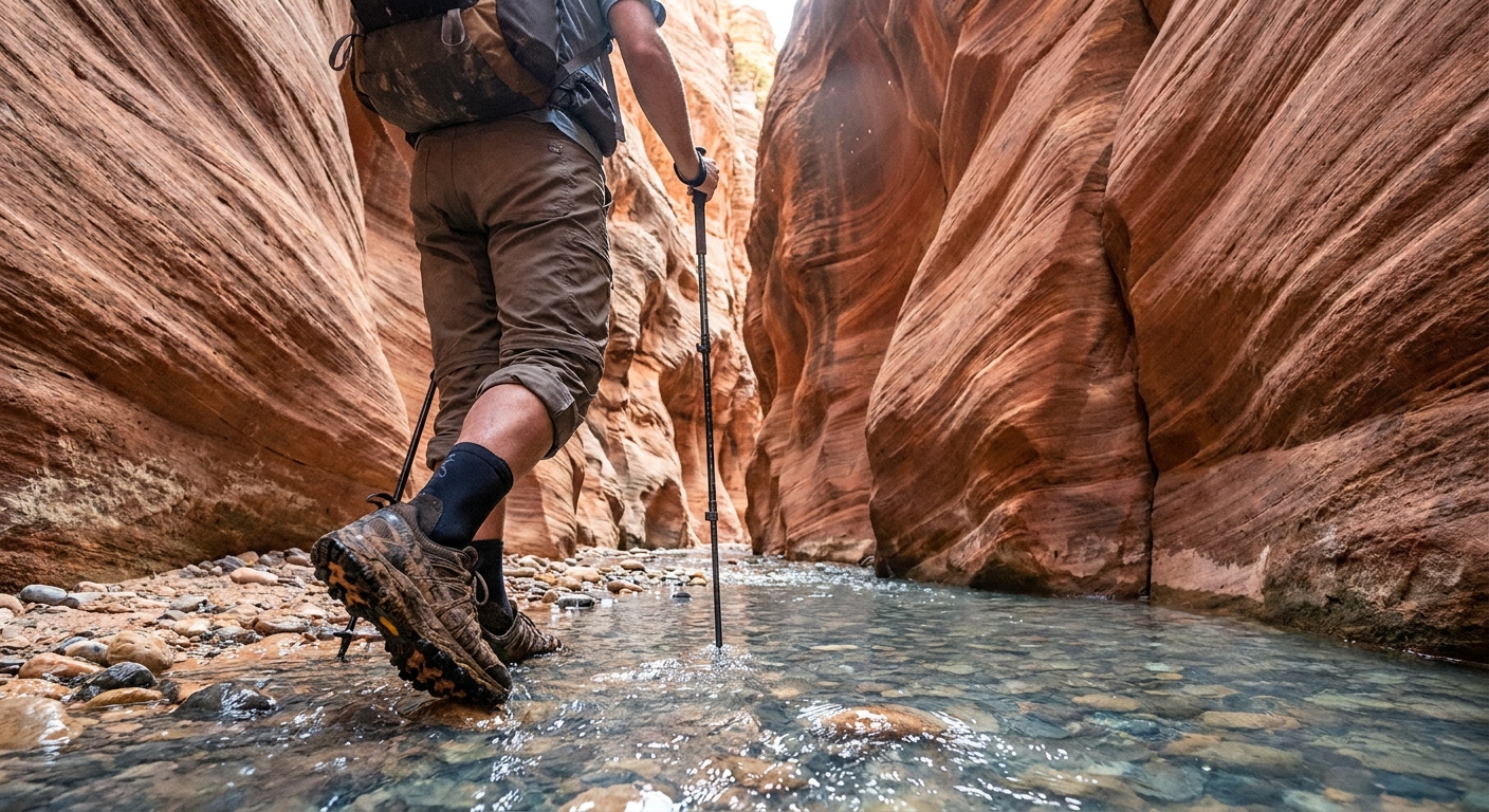 A hiker standing mid-calf in creek water inside a narrow Utah slot canyon, wearing neoprene socks and trail runners with good tread