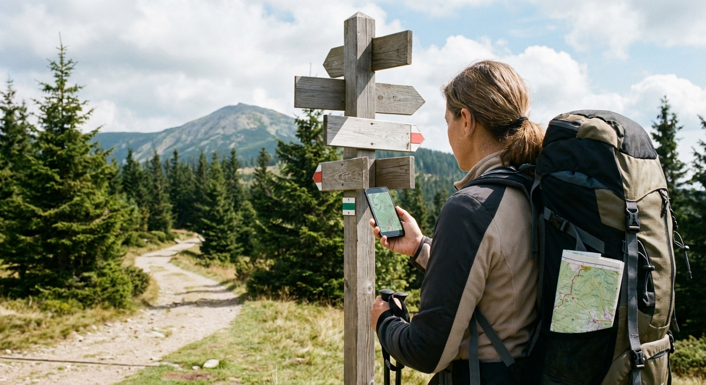 A hiker standing near a trail junction sign checking a smartphone map with a paper map partially visible in a backpack pocket, photorealistic outdoor travel photography