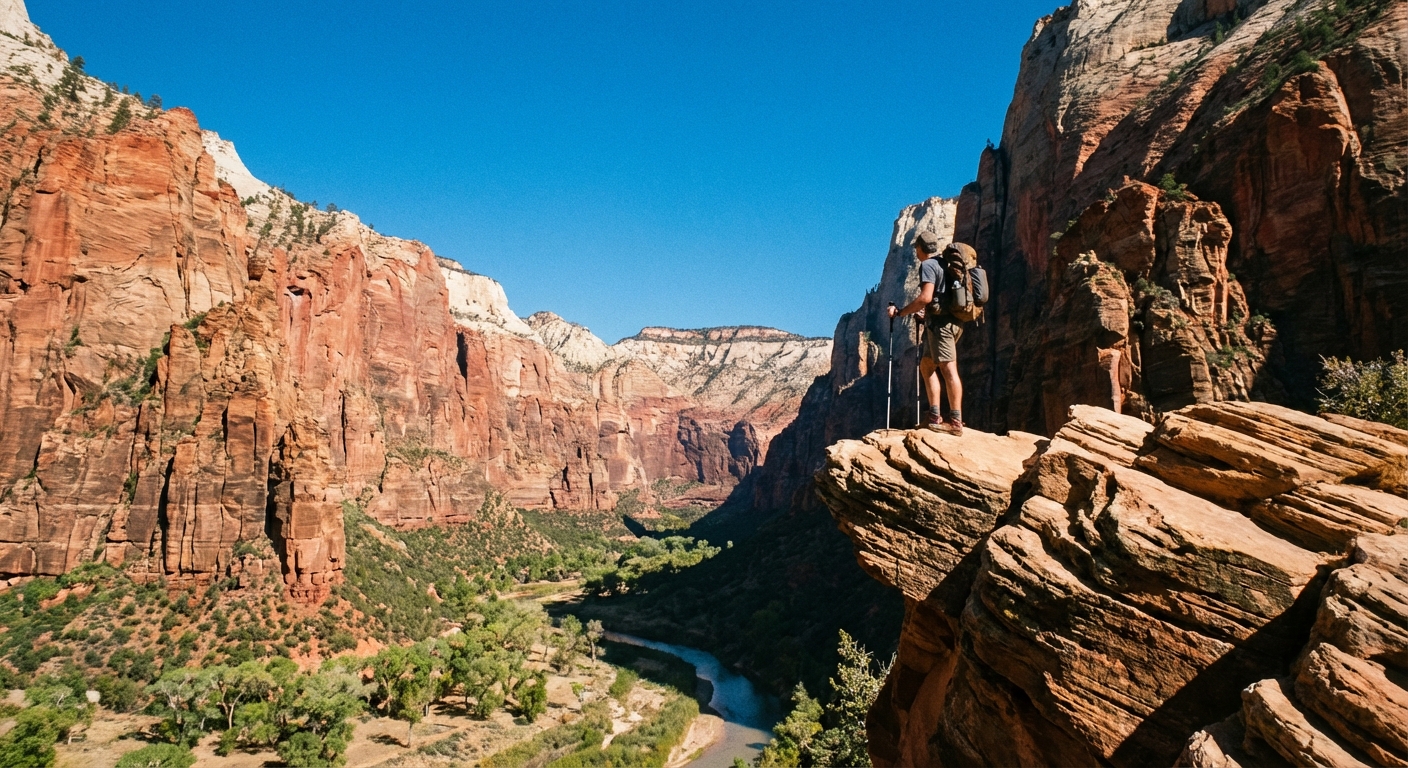 A hiker standing on a sandstone viewpoint overlooking a deep canyon in Zion National Park under a clear blue sky, photorealistic landscape photography
