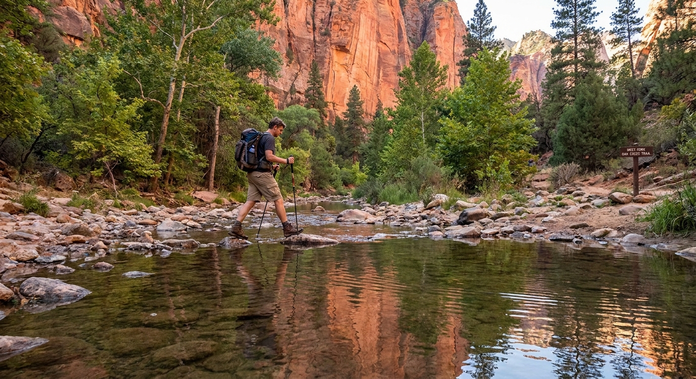 A hiker stepping across shallow water on West Fork Oak Creek Trail in Sedona, with red rock canyon walls and green trees reflecting in the creek, natural light, real travel photography style