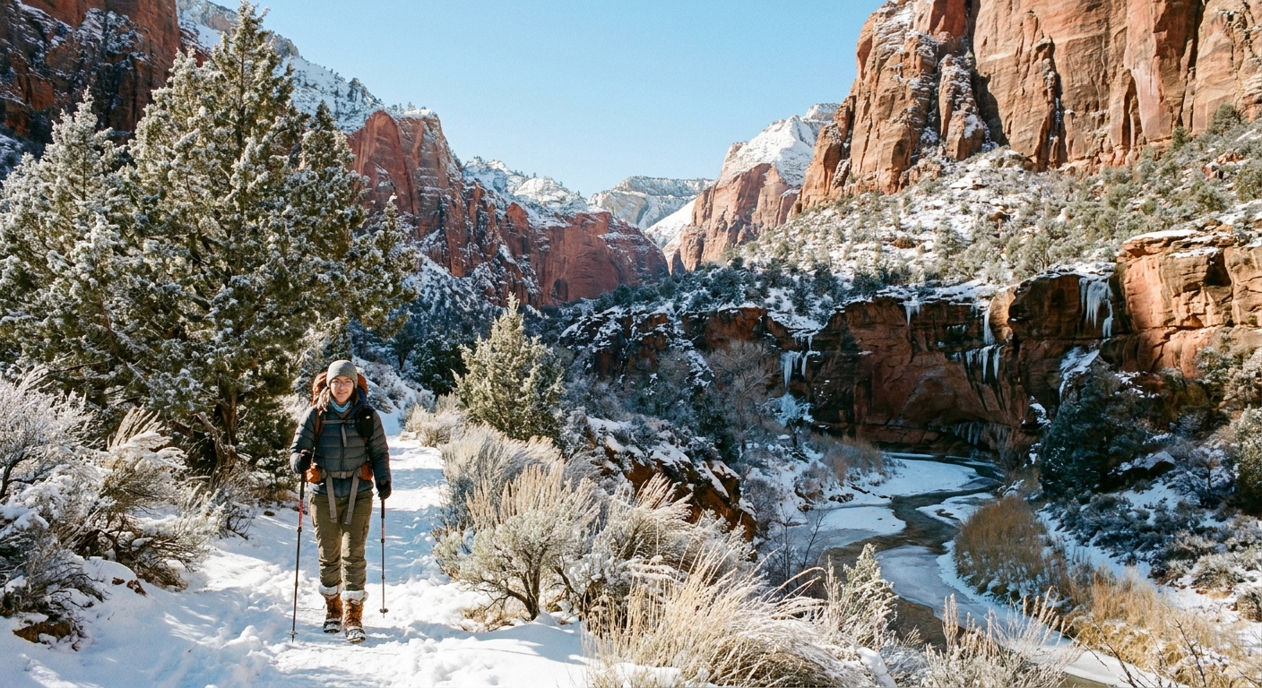 A hiker walking along a Zion canyon trail in winter with frosty vegetation, red sandstone walls, and a clear blue sky