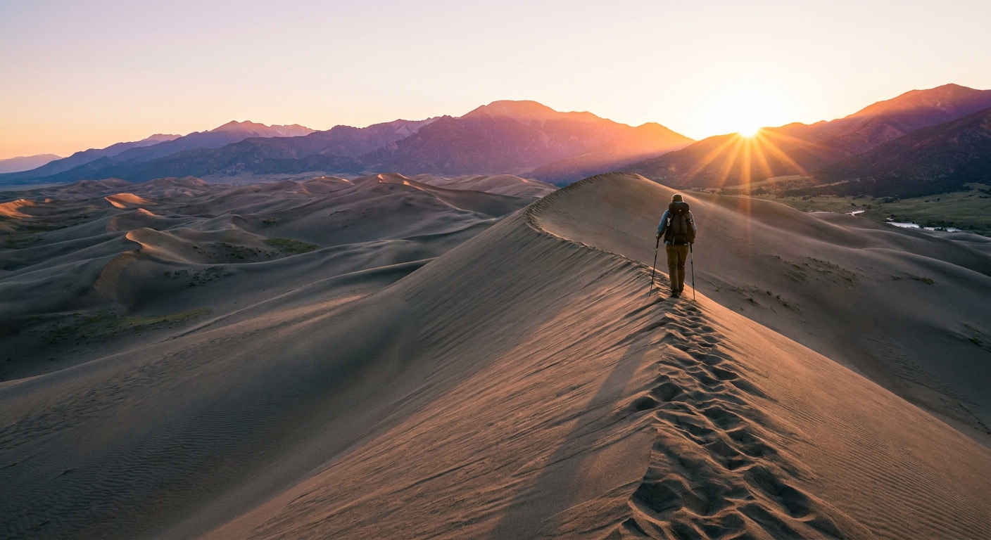A hiker walking along a sharp dune ridgeline at sunrise in Great Sand Dunes National Park, with the Sangre de Cristo Mountains glowing in the background, real landscape photo