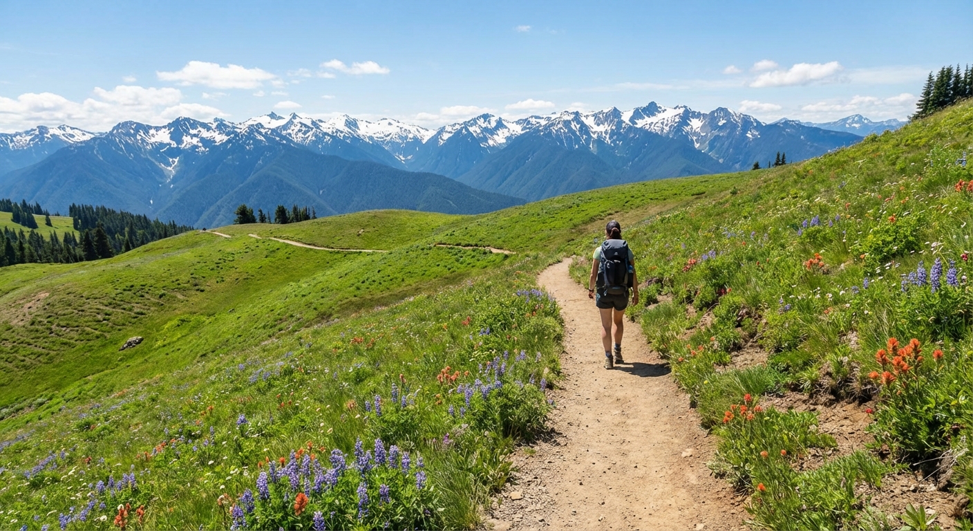A hiker walking along an alpine trail at Hurricane Ridge with rolling green hills, distant snow-capped Olympic Mountains, and bright blue sky, photorealistic